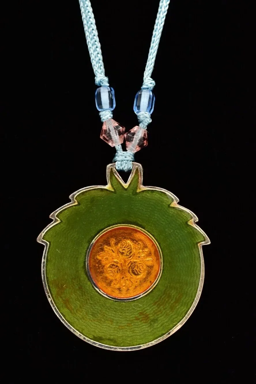 Vintage Floral Pendant Necklace Fabric Blue Green Crystal Beaded Enamel BinA17